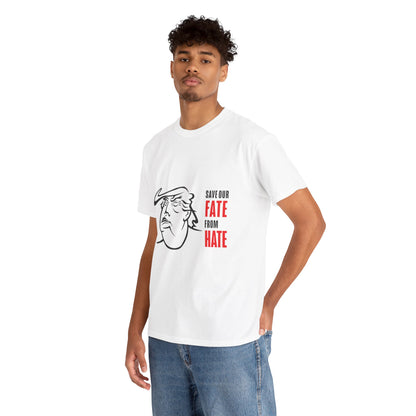 Unisex Heavy Cotton Tee, Harris Walz, Trump, T-shirt, Trump Black and Red Line Art—Save Our Fate From Hate