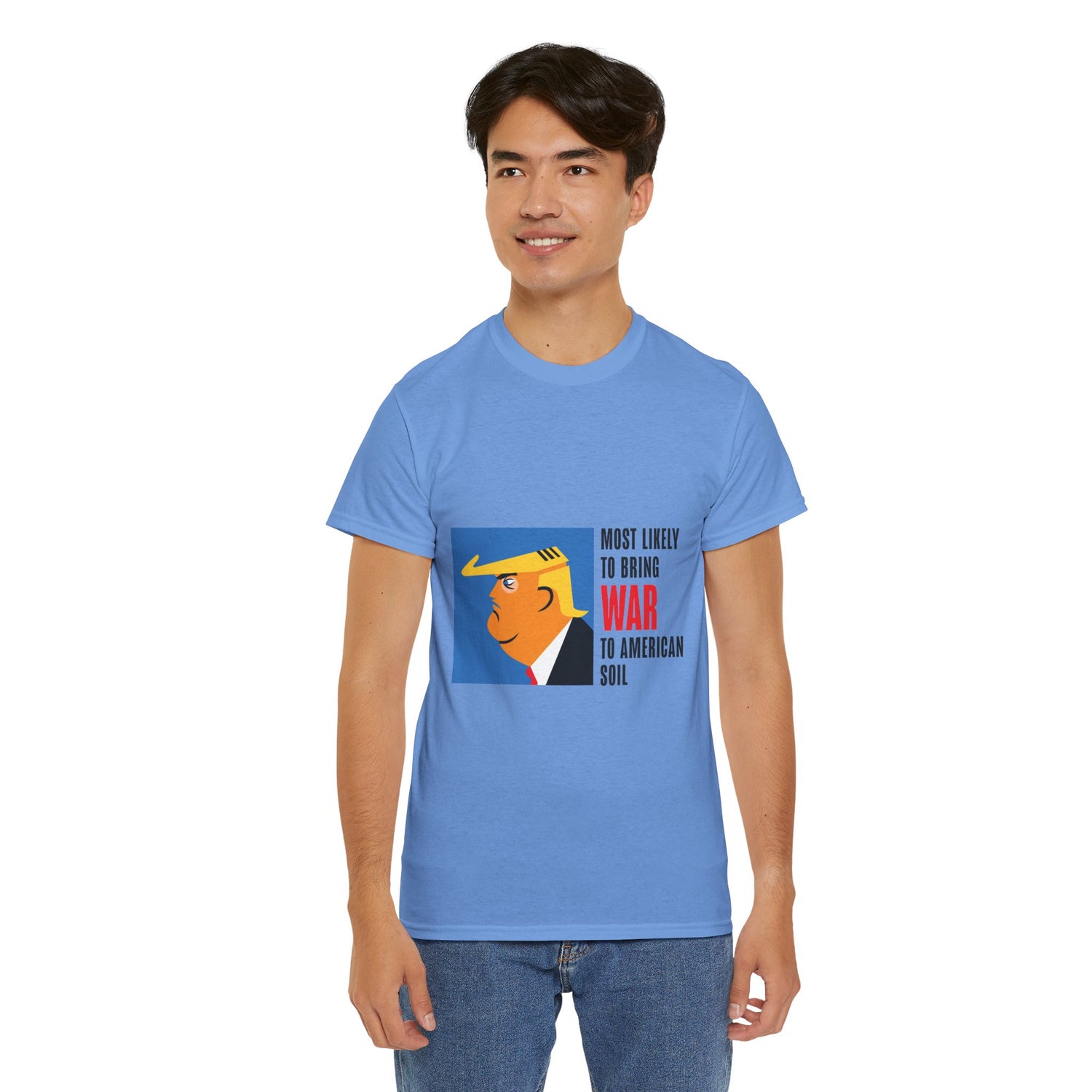 Unisex Heavy Cotton Tee, Harris Walz, Trump, T-shirt, Most Likely to Bring War to American Soil