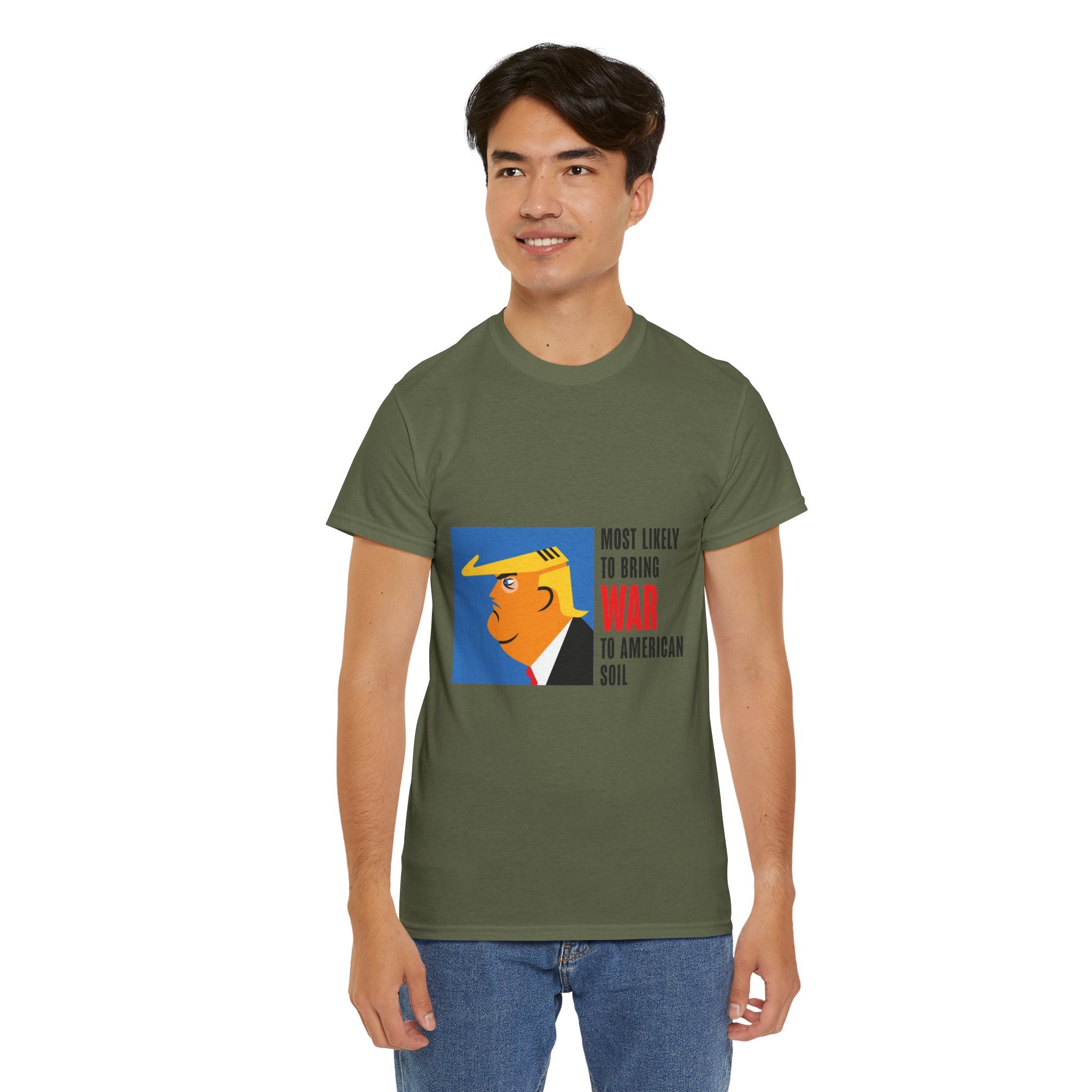 Unisex Heavy Cotton Tee, Harris Walz, Trump, T-shirt, Most Likely to Bring War to American Soil