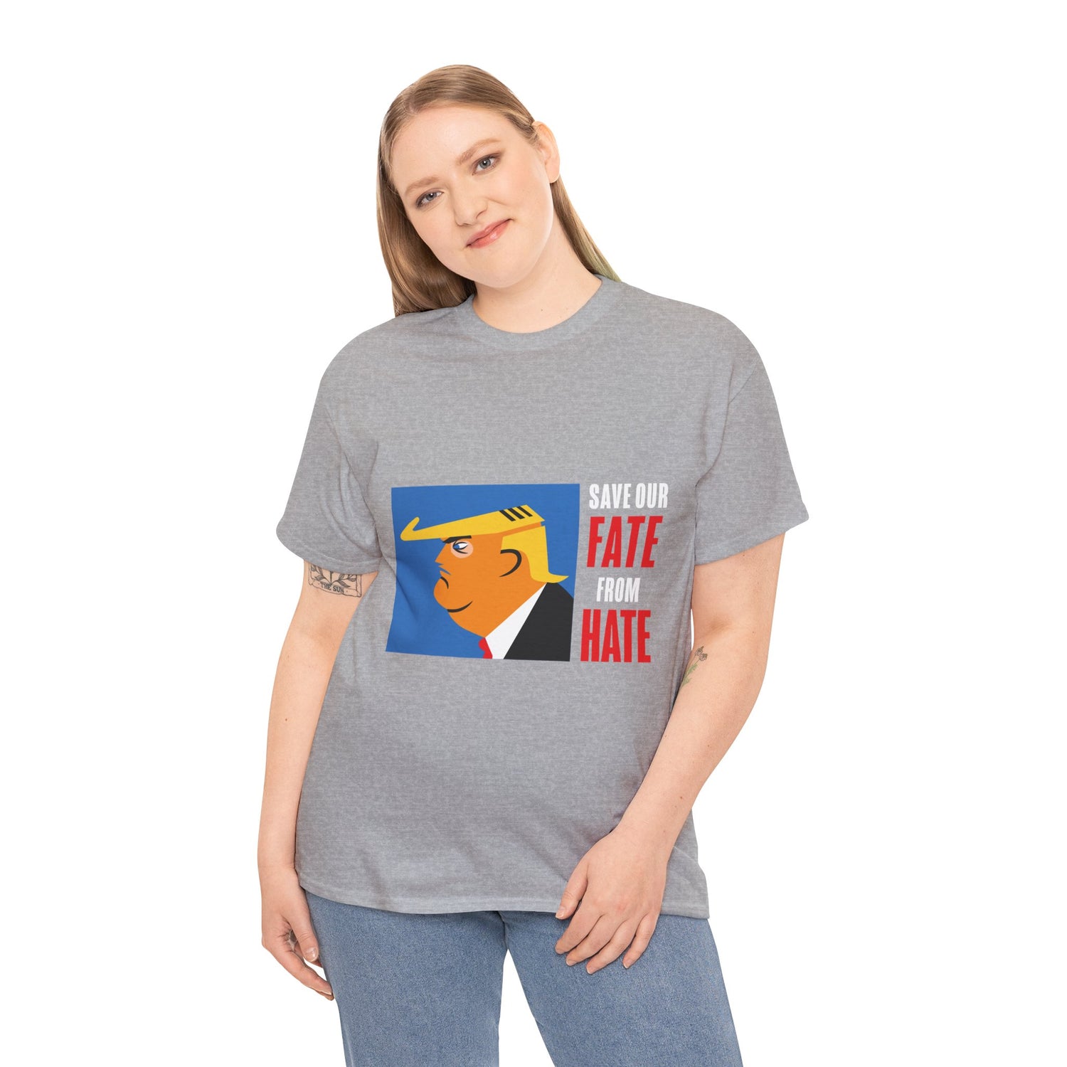 Unisex Heavy Cotton Tee, Harris Walz, Trump, T-shirt, Trump Save Our Fate from Hate