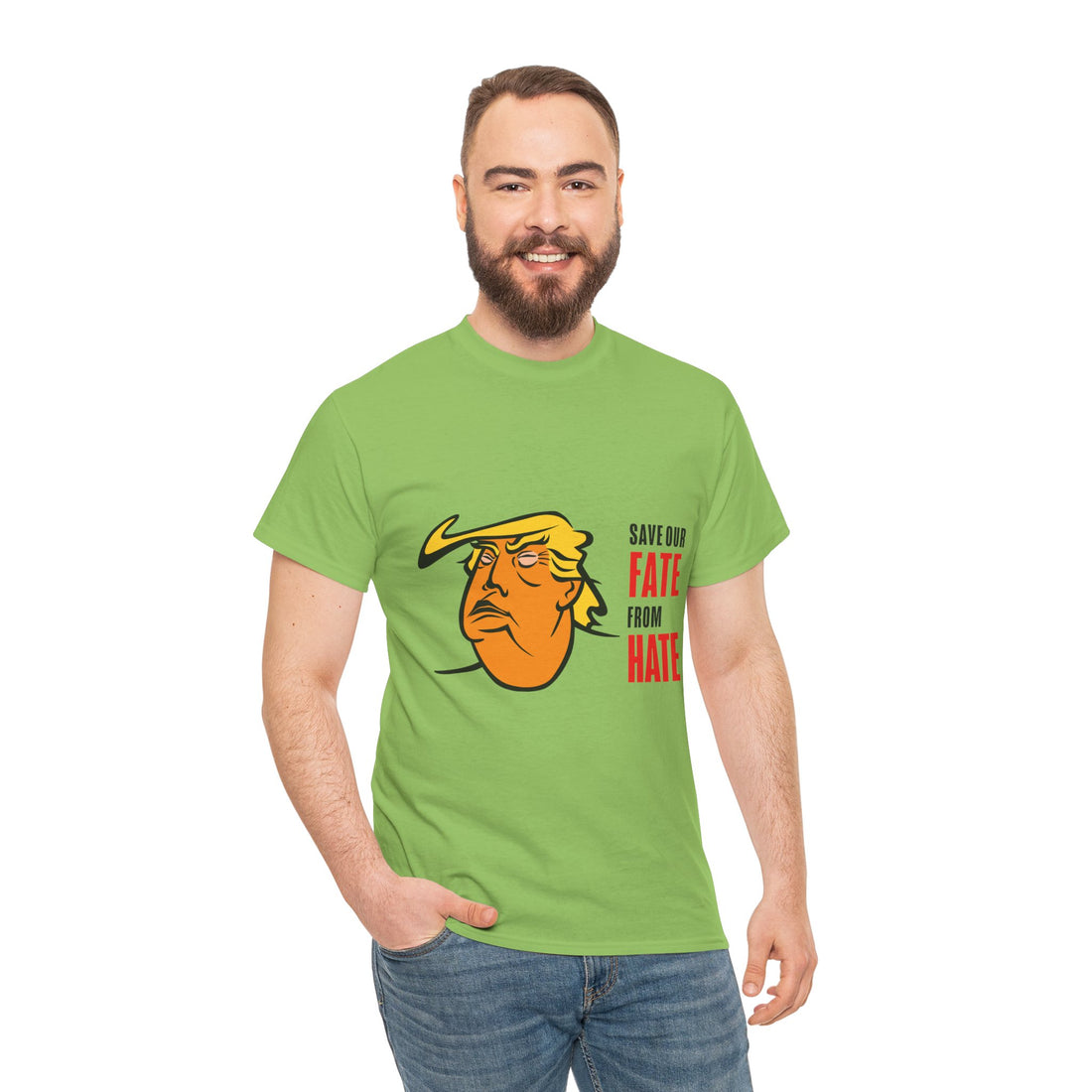 Unisex Heavy Cotton Tee, Harris Walz, Trump, Color Line Art Trump—Save Our Fate From Hate