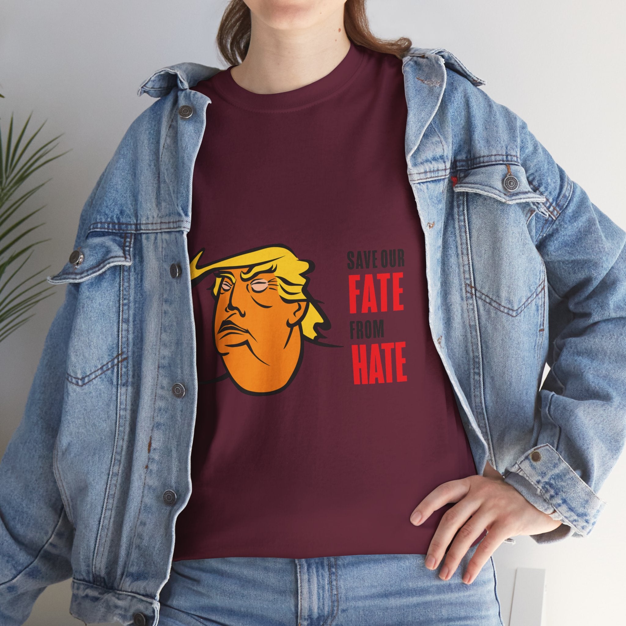 Unisex Heavy Cotton Tee, Harris Walz, Trump, T-shirt, white and black line Save Our Fate from Hate