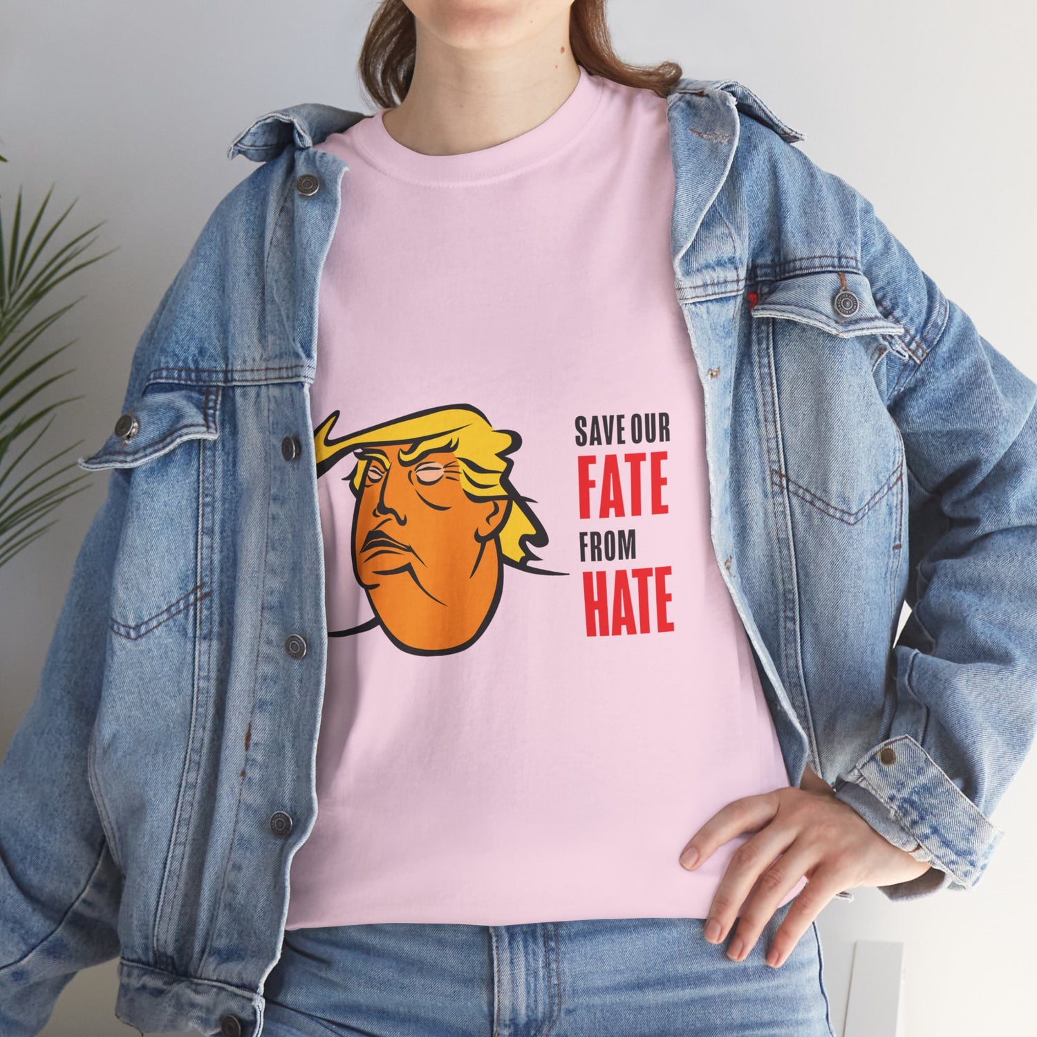 Unisex Heavy Cotton Tee, Harris Walz, Trump, T-shirt, white and black line Save Our Fate from Hate