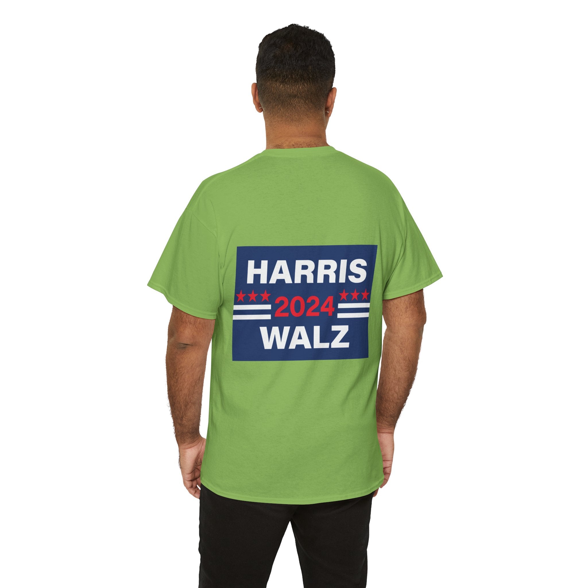 Unisex Heavy Cotton Tee, Harris Walz, Trump, T-shirt, Statue of Liberty Stepping on Trump