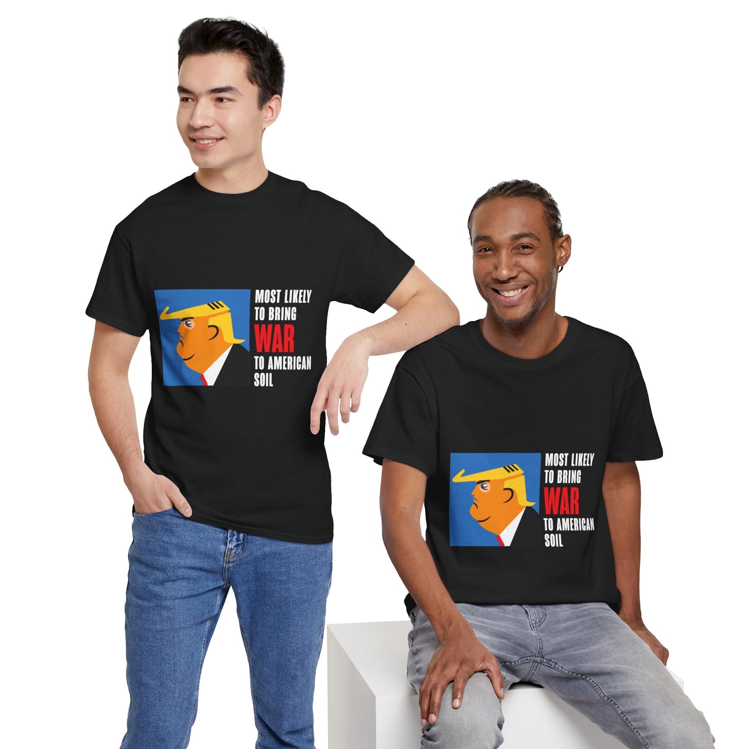 Unisex Heavy Cotton Tee, Harris Walz, Trump, T-shirt, Most Likely to Bring War to American Soil