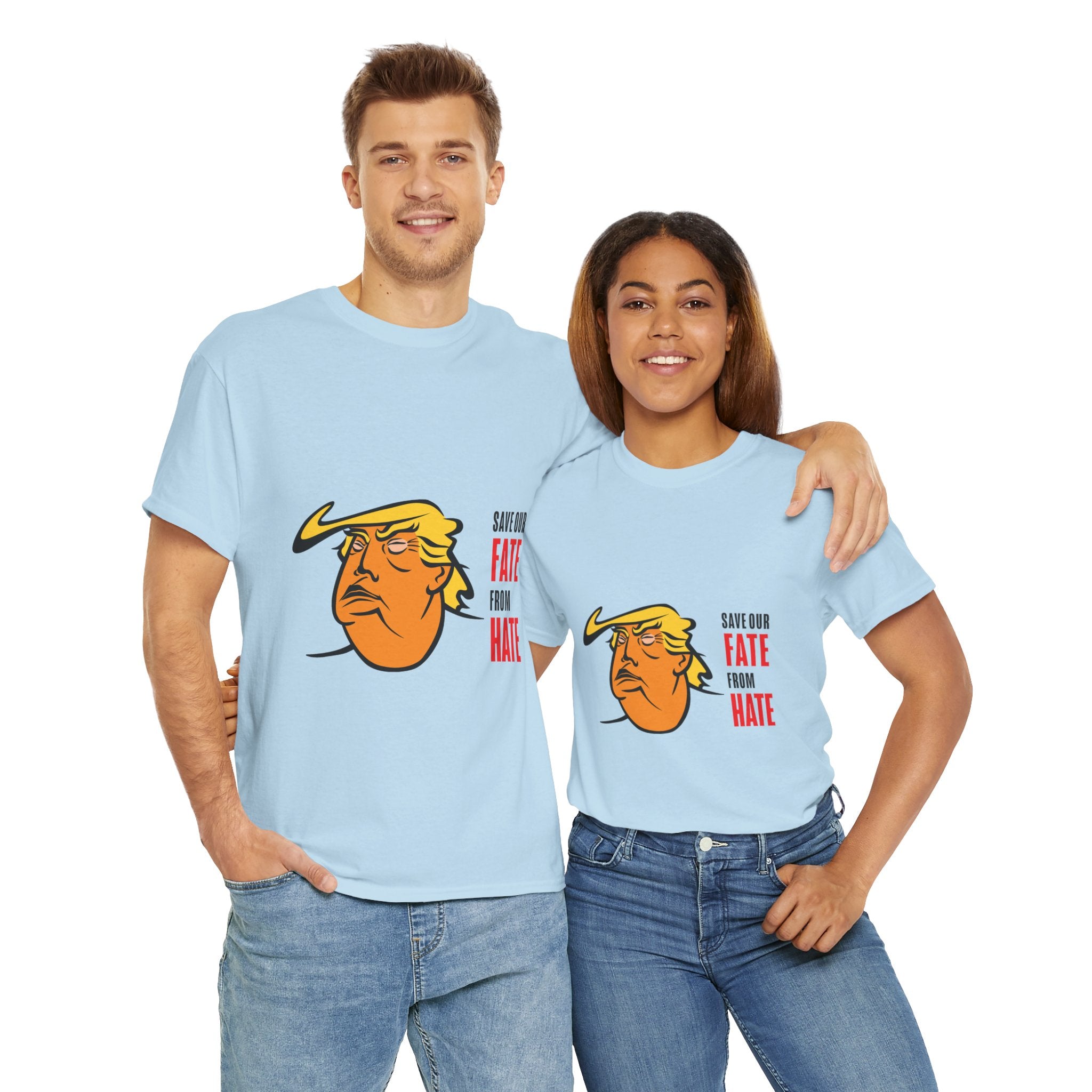 Unisex Heavy Cotton Tee, Harris Walz, Trump, T-shirt, white and black line Save Our Fate from Hate