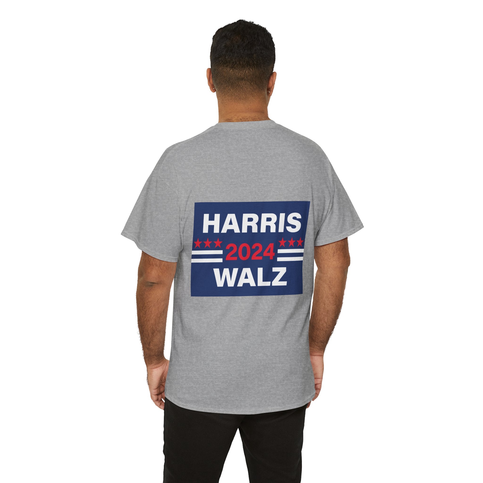 Unisex Heavy Cotton Tee, Harris Walz, Trump, T-shirt, Statue of Liberty Stepping on Trump