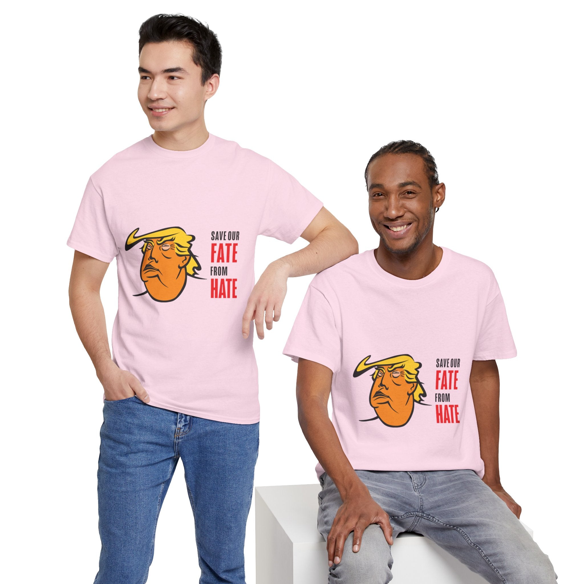 Unisex Heavy Cotton Tee, Harris Walz, Trump, T-shirt, white and black line Save Our Fate from Hate