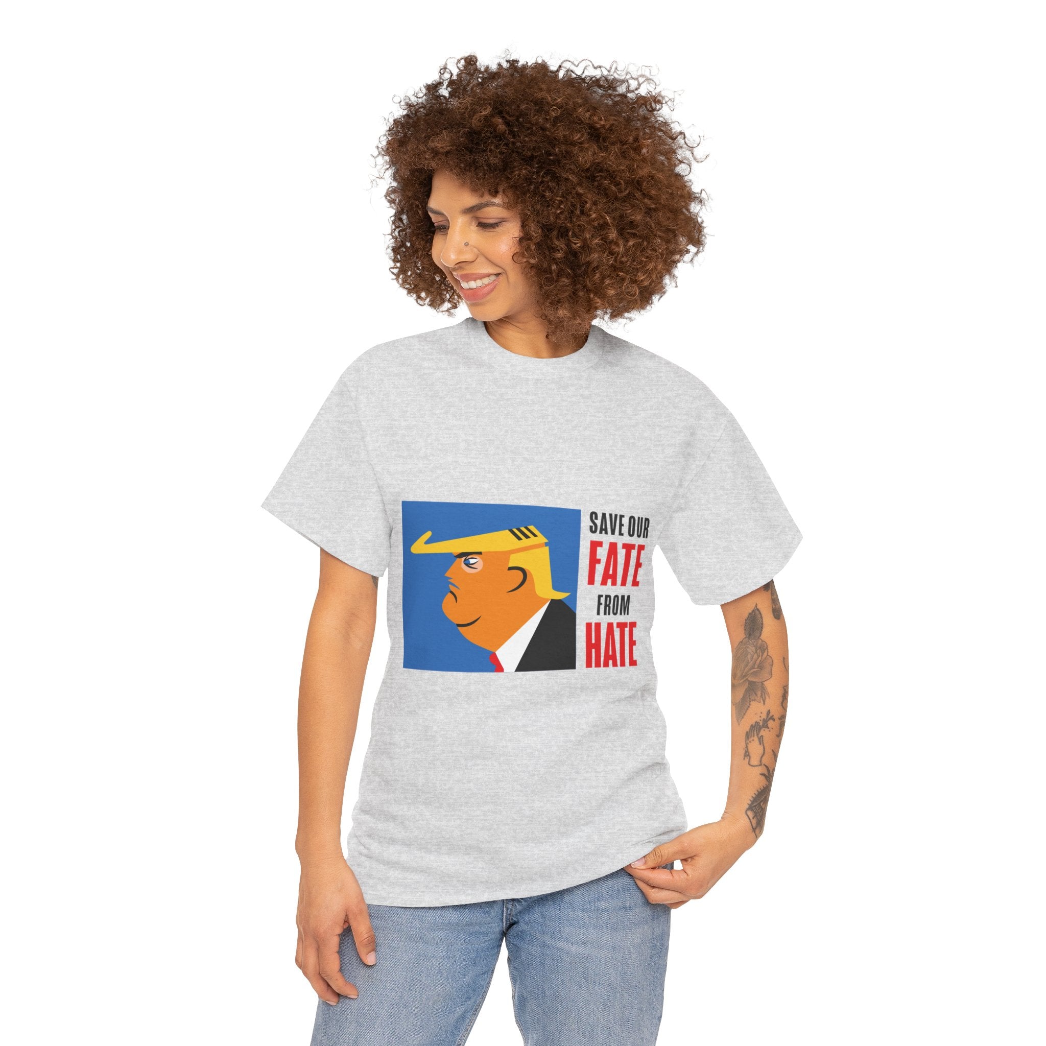 Unisex Heavy Cotton Tee, Harris Walz, Trump, T-shirt, Color Save Our Fate from Hate