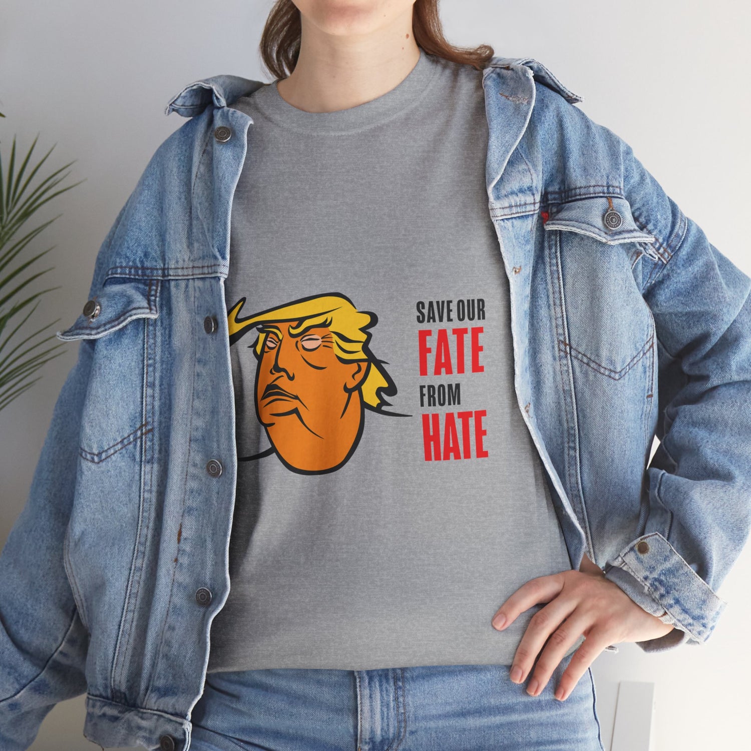 Unisex Heavy Cotton Tee, Harris Walz, Trump, T-shirt, white and black line Save Our Fate from Hate