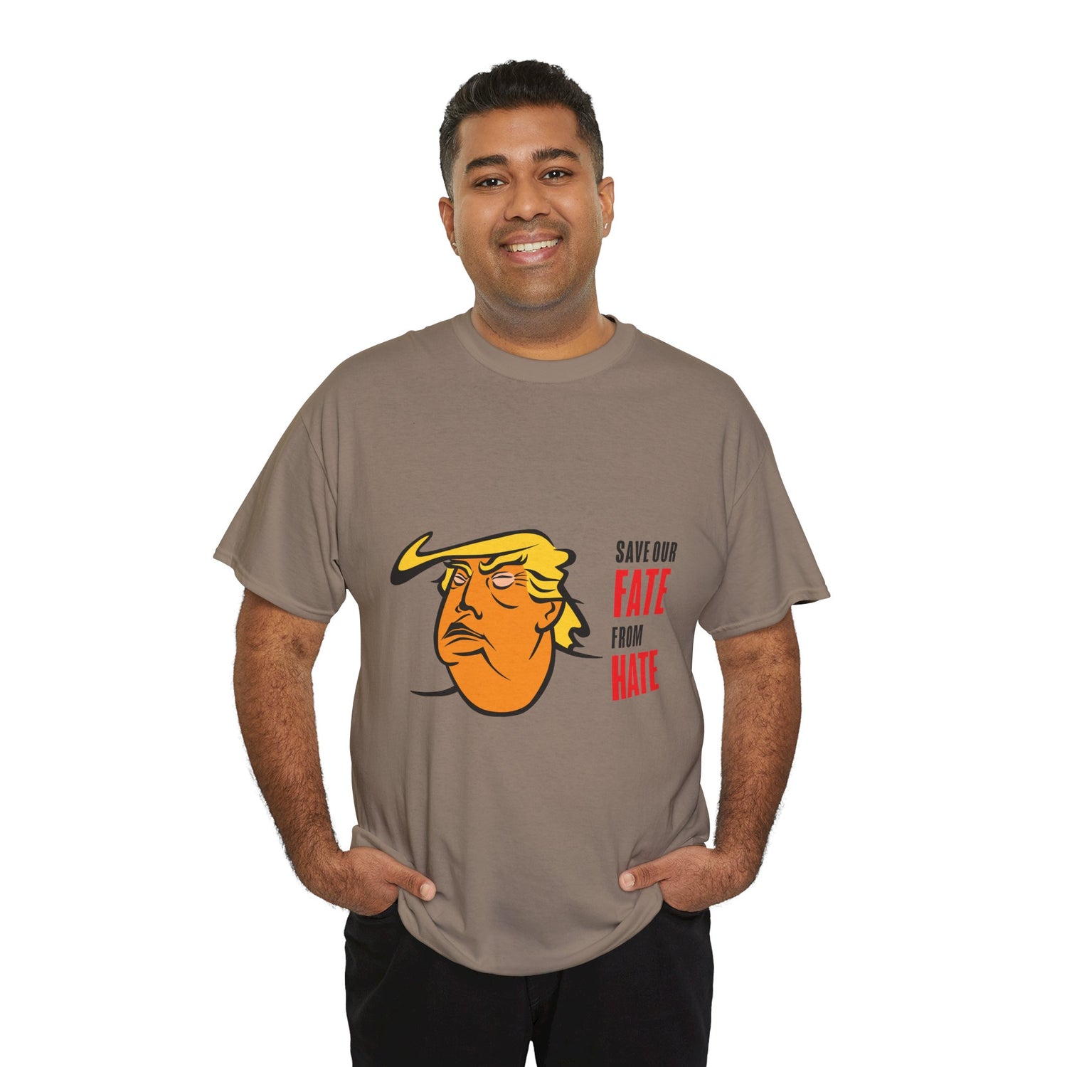 Unisex Heavy Cotton Tee, Harris Walz, Trump, Color Line Art Trump—Save Our Fate From Hate