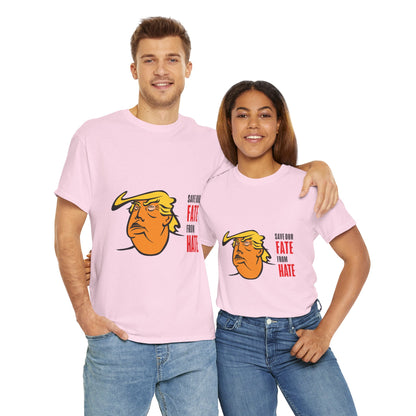 Unisex Heavy Cotton Tee, Harris Walz, Trump, T-shirt, white and black line Save Our Fate from Hate