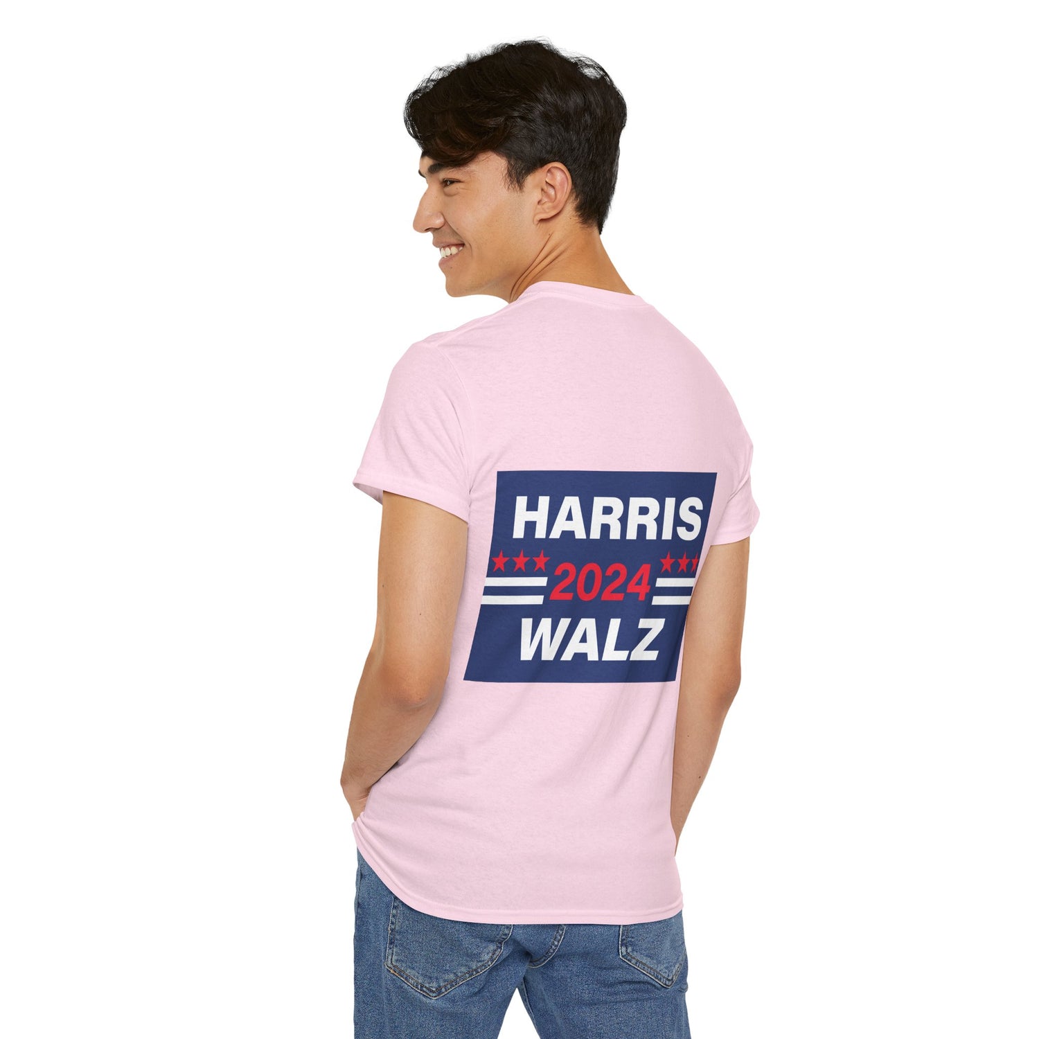 Unisex Heavy Cotton Tee, Harris Walz, Trump, T-shirt, Statue of Liberty Stepping on Trump