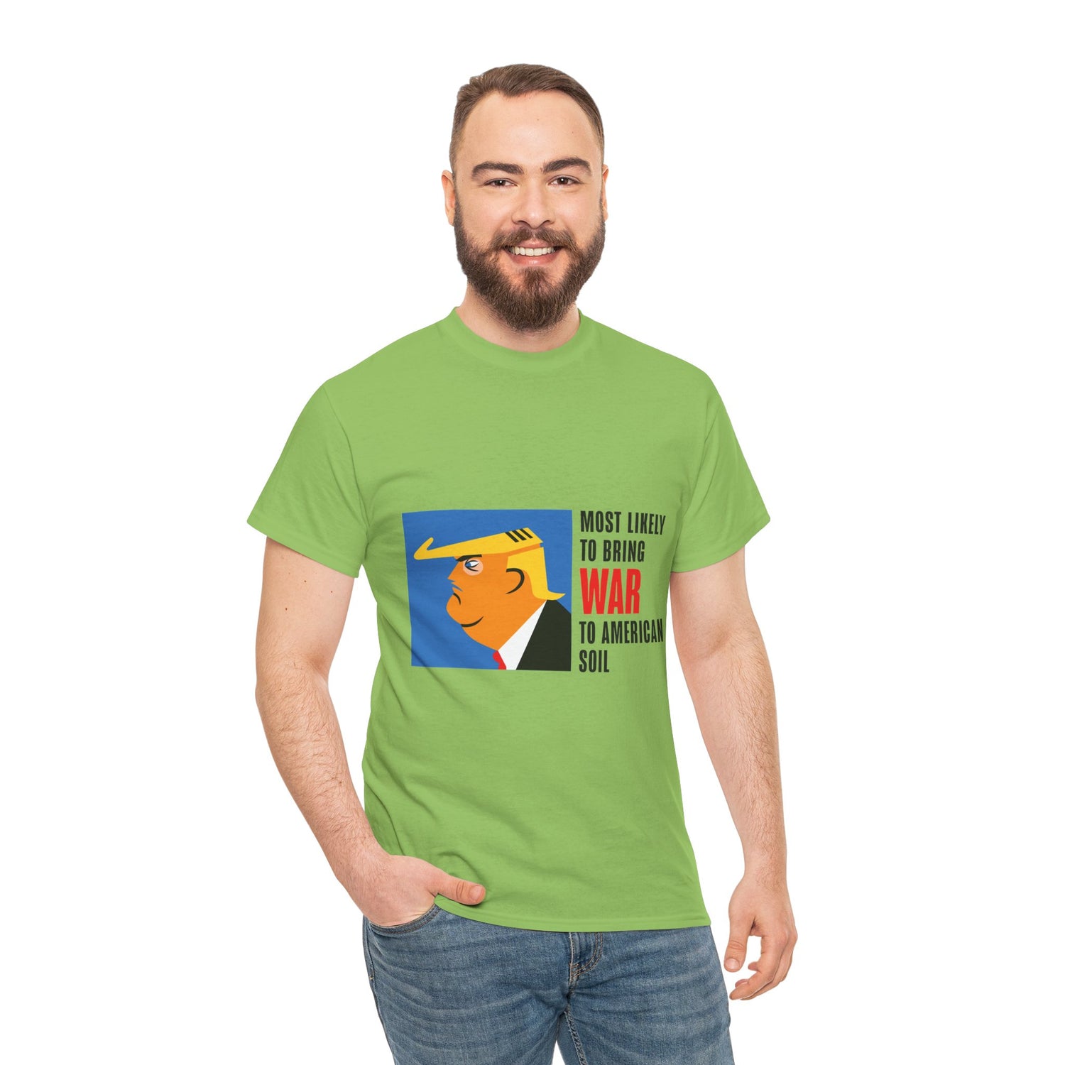 Unisex Heavy Cotton Tee, Harris Walz, Trump, T-shirt, Most Likely to Bring War to American Soil