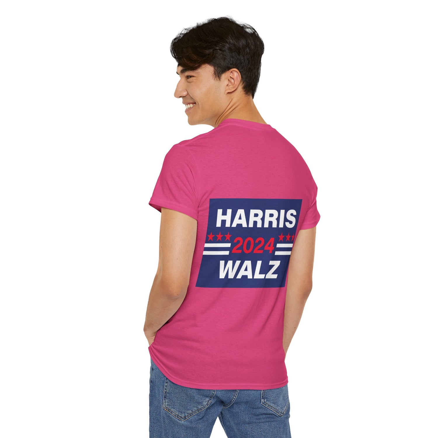 Unisex Heavy Cotton Tee, Harris Walz, Trump, T-shirt, Statue of Liberty Stepping on Trump