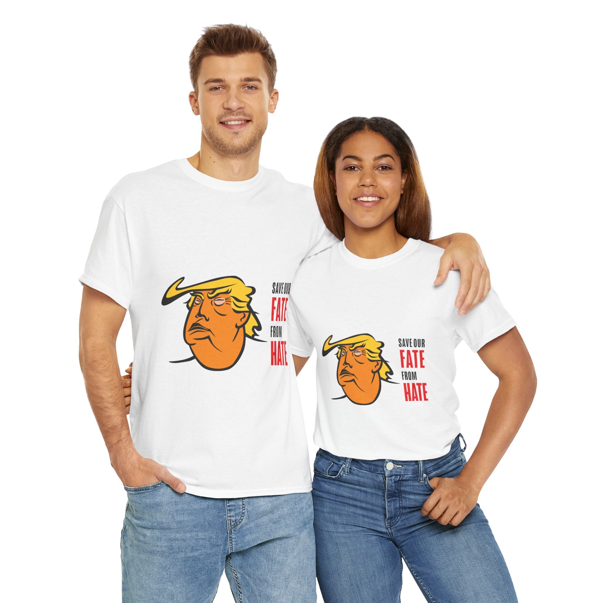 Unisex Heavy Cotton Tee, Harris Walz, Trump, T-shirt, white and black line Save Our Fate from Hate