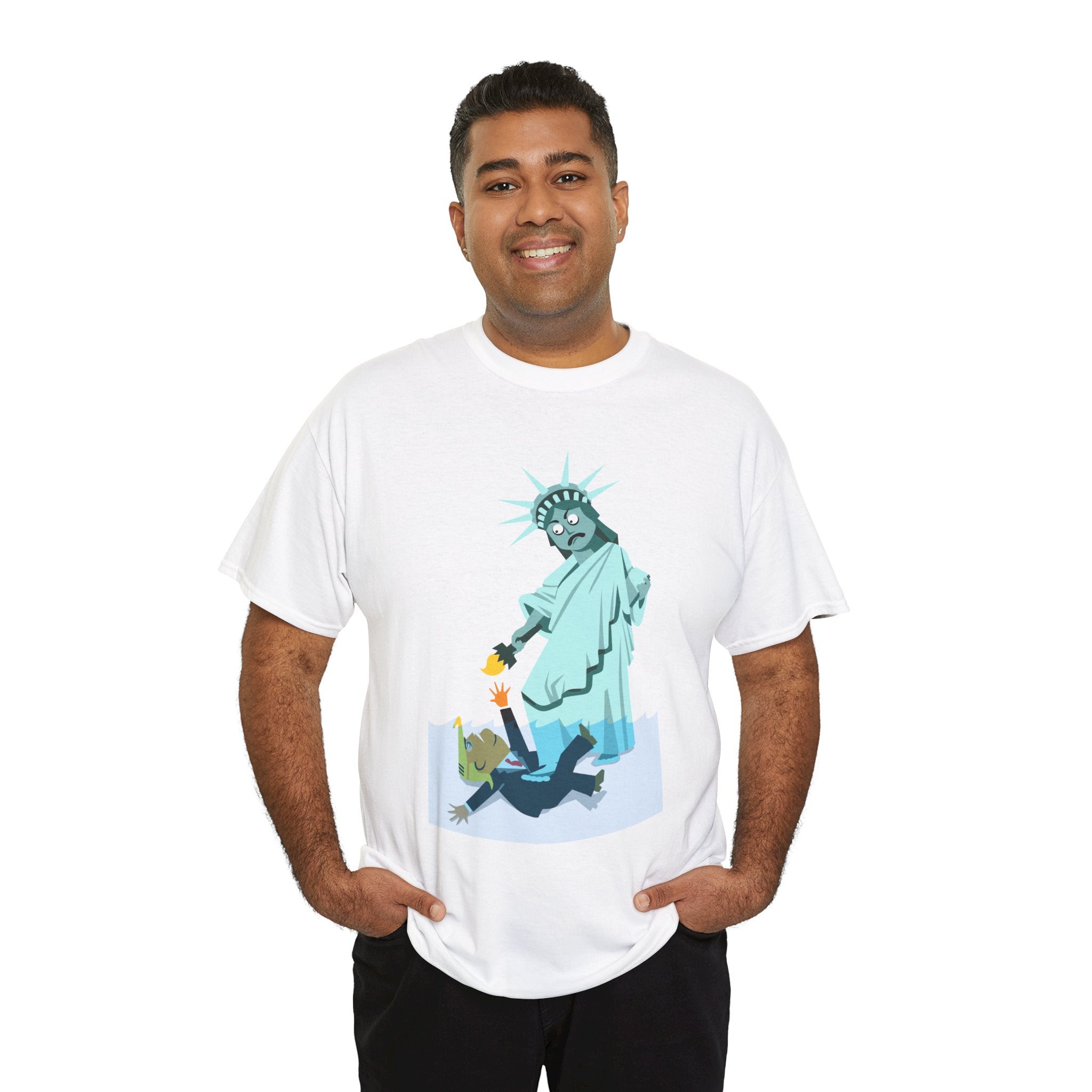 Unisex Heavy Cotton Tee, Harris Walz, Trump, T-shirt, Statue of Liberty Stepping on Trump