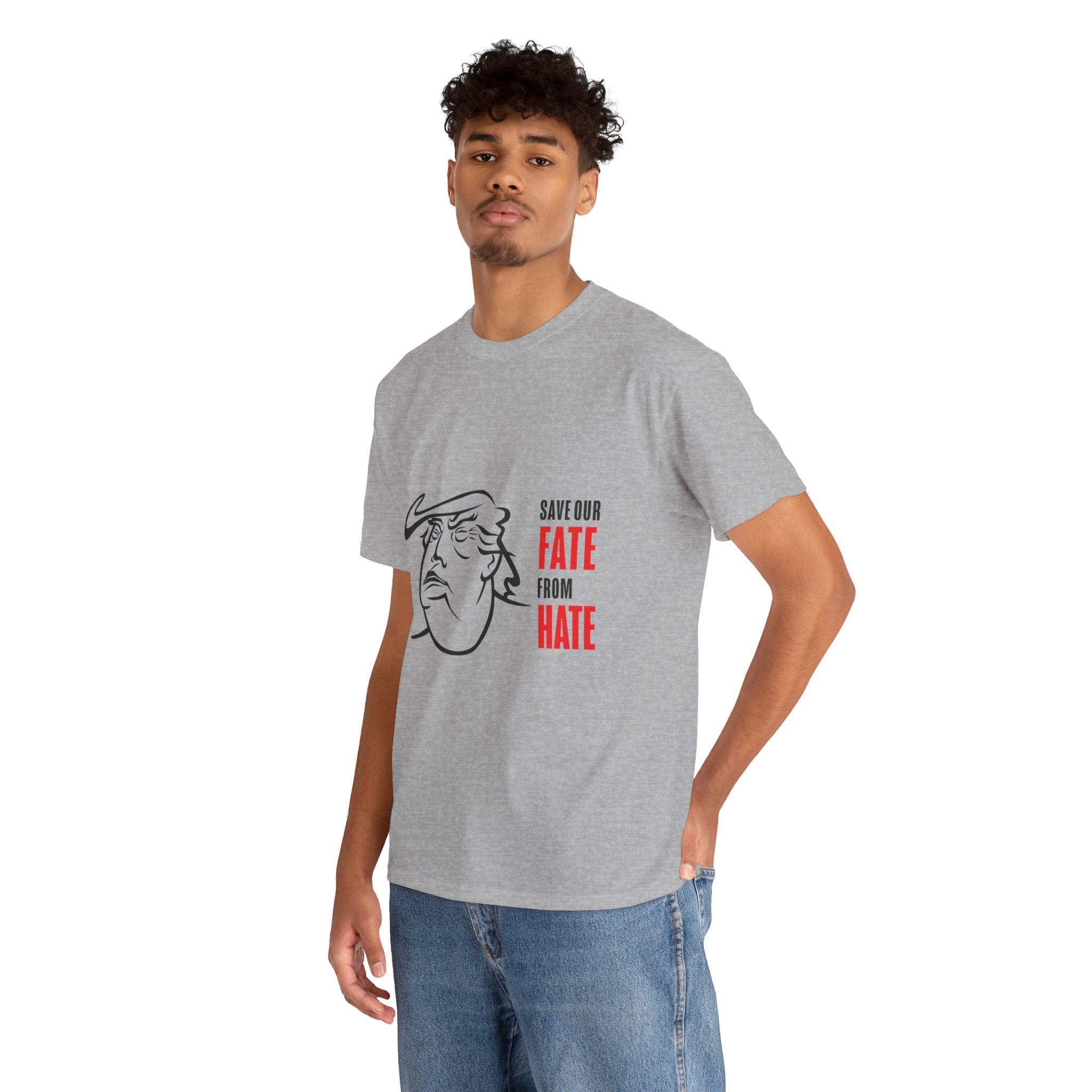 Unisex Heavy Cotton Tee, Harris Walz, Trump, T-shirt, Trump Black and Red Line Art—Save Our Fate From Hate