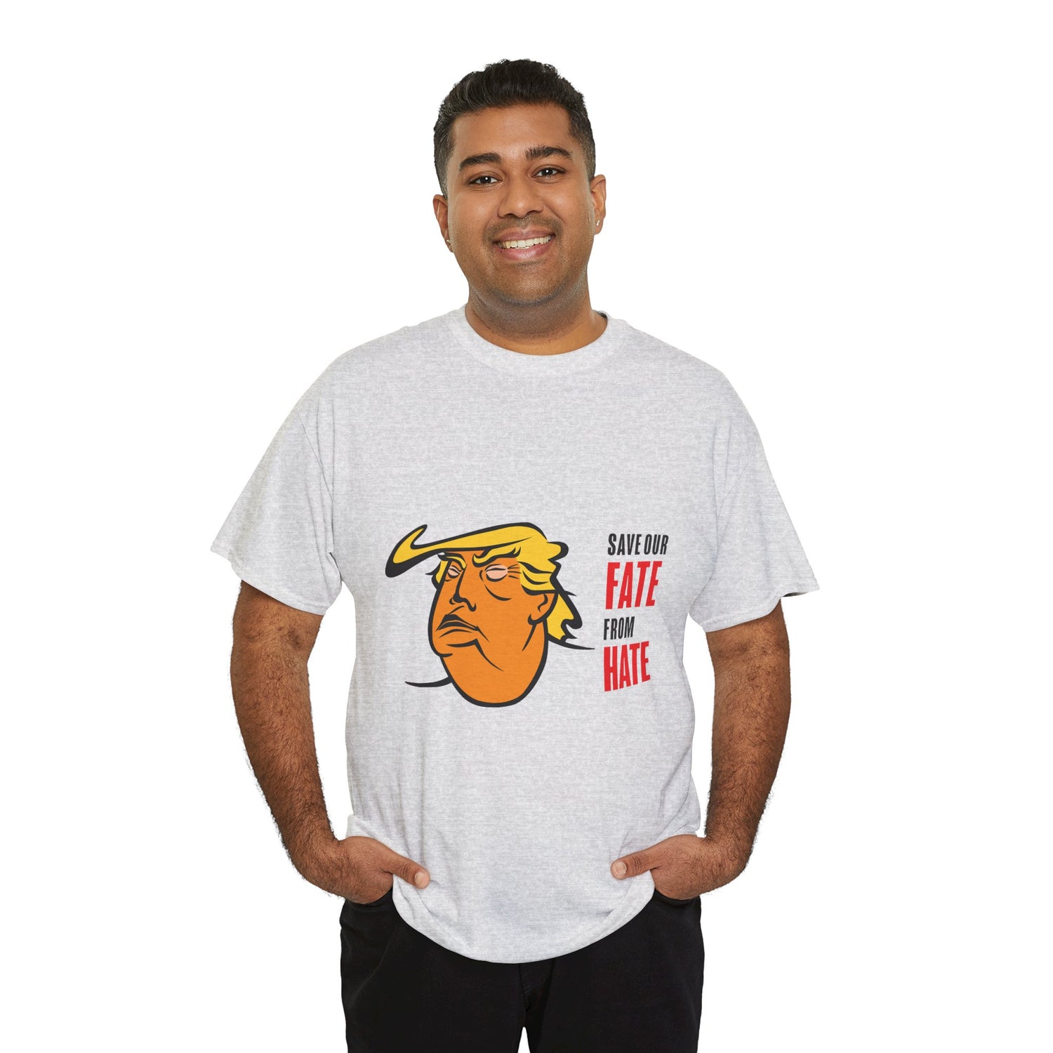 Unisex Heavy Cotton Tee, Harris Walz, Trump, Color Line Art Trump—Save Our Fate From Hate