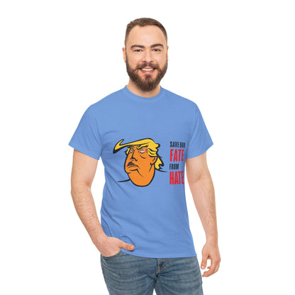 Unisex Heavy Cotton Tee, Harris Walz, Trump, Color Line Art Trump—Save Our Fate From Hate