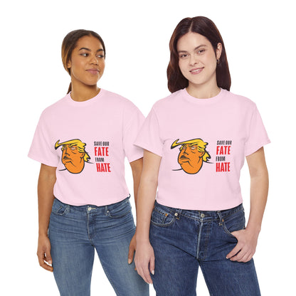 Unisex Heavy Cotton Tee, Harris Walz, Trump, T-shirt, white and black line Save Our Fate from Hate