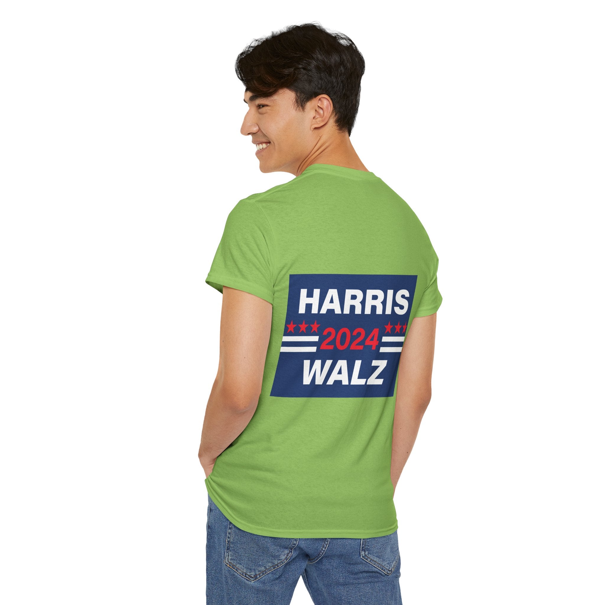 Unisex Heavy Cotton Tee, Harris Walz, Trump, T-shirt, Statue of Liberty Stepping on Trump