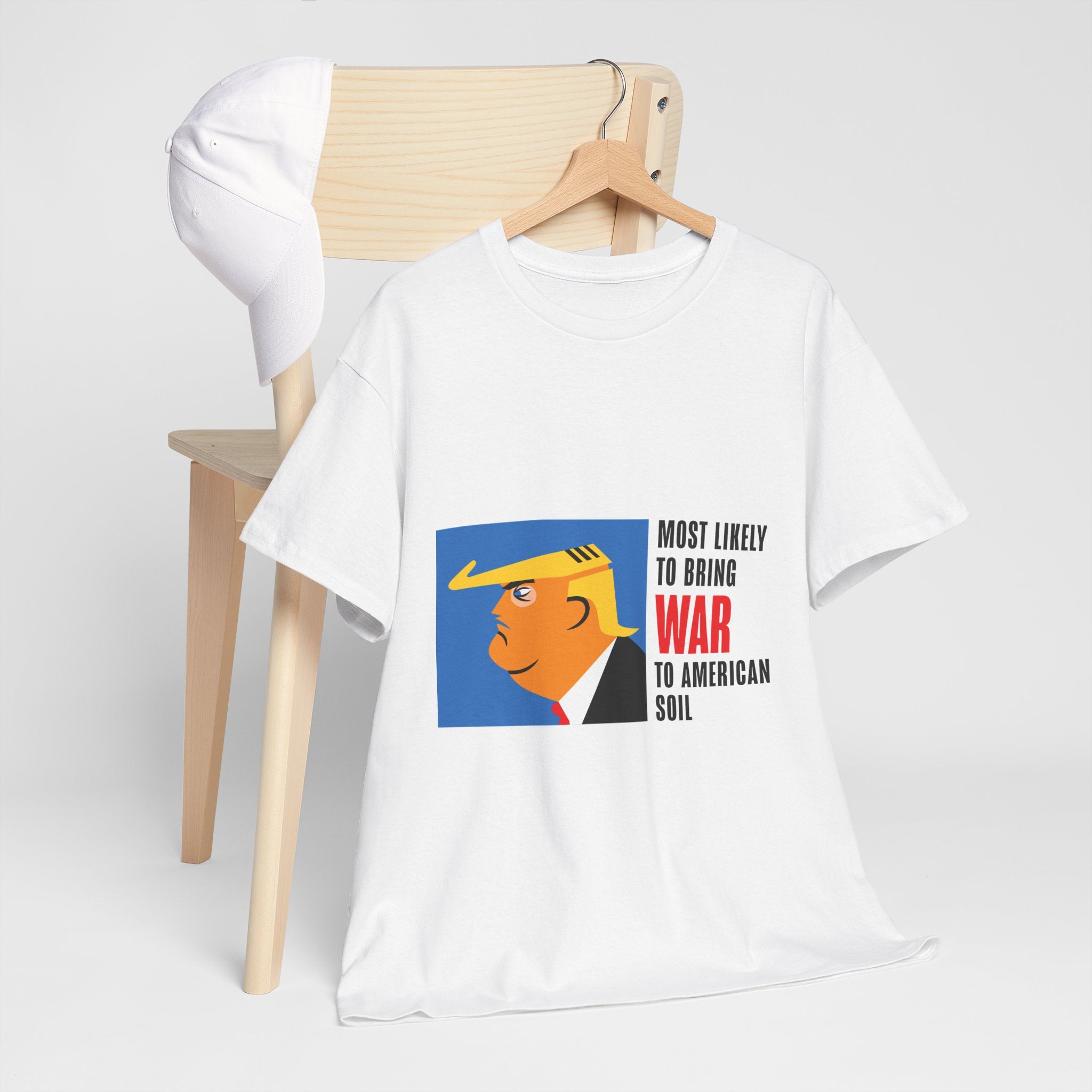 Unisex Heavy Cotton Tee, Harris Walz, Trump, T-shirt, Most Likely to Bring War to American Soil