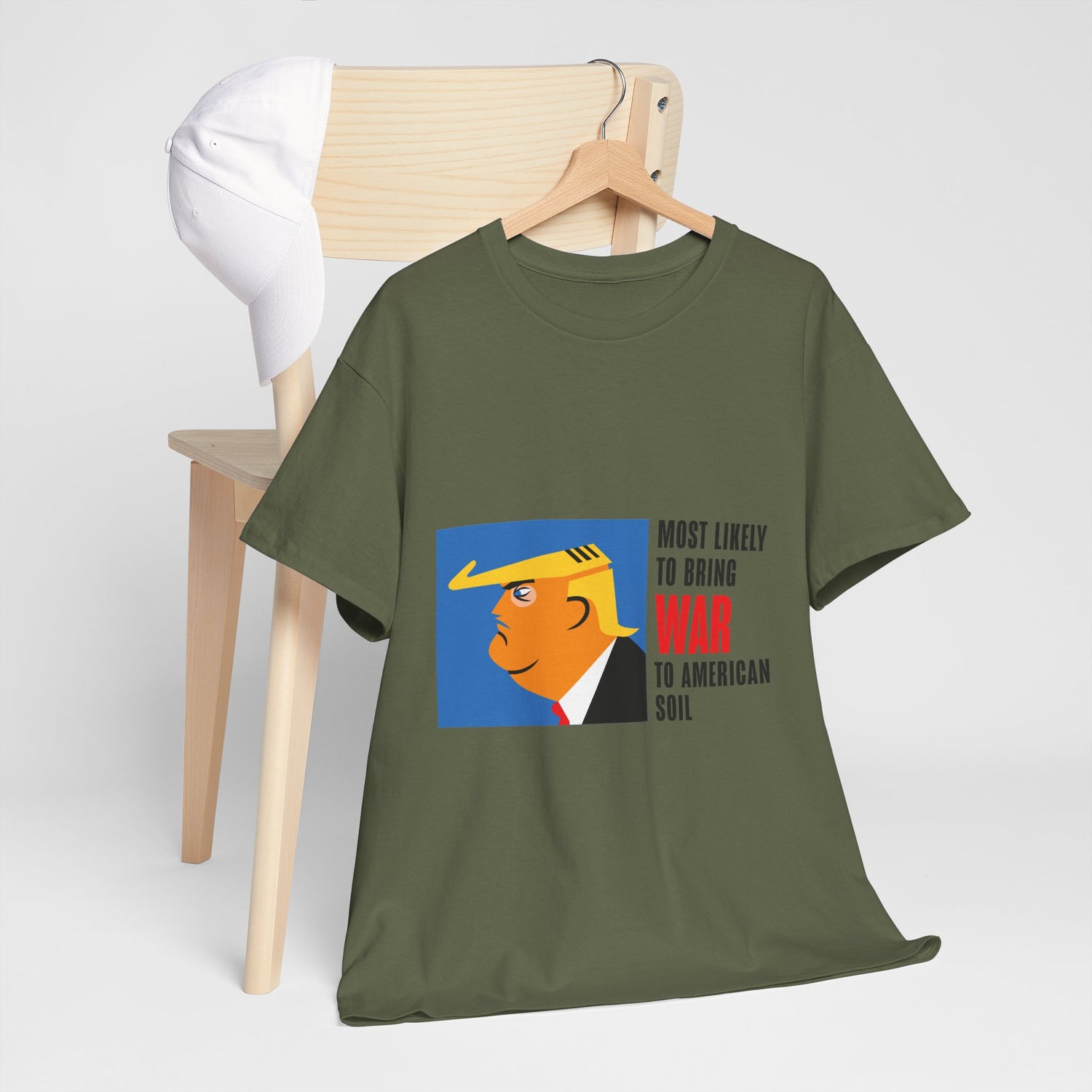 Unisex Heavy Cotton Tee, Harris Walz, Trump, T-shirt, Most Likely to Bring War to American Soil