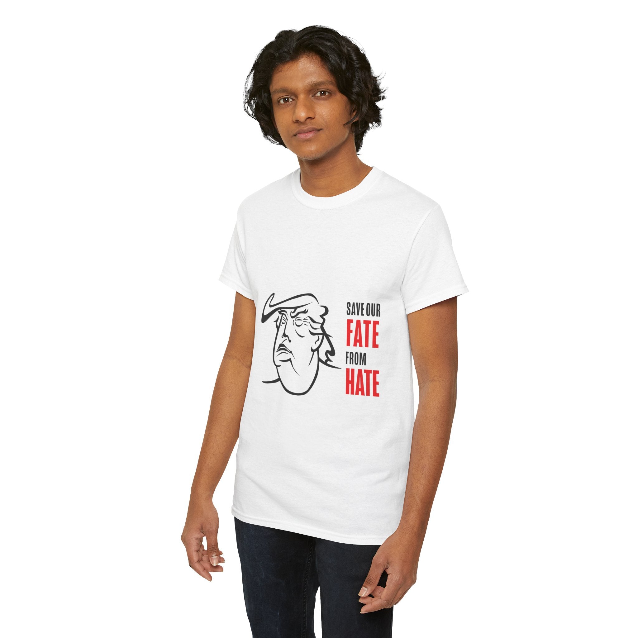 Unisex Heavy Cotton Tee, Harris Walz, Trump, T-shirt, Trump Black and Red Line Art—Save Our Fate From Hate