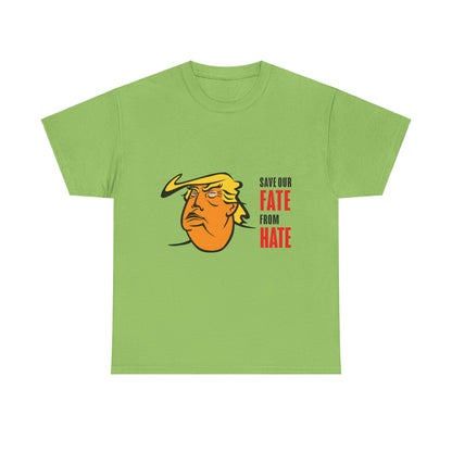 Unisex Heavy Cotton Tee, Harris Walz, Trump, Color Line Art Trump—Save Our Fate From Hate