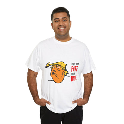 Unisex Heavy Cotton Tee, Harris Walz, Trump, Color Line Art Trump—Save Our Fate From Hate