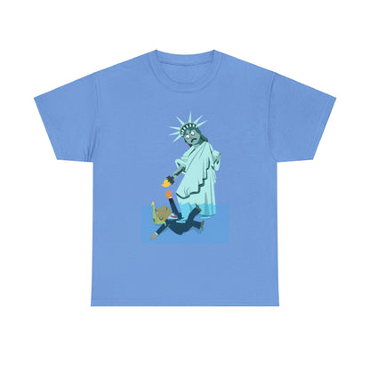 Unisex Heavy Cotton Tee, Harris Walz, Trump, T-shirt, Statue of Liberty Stepping on Trump