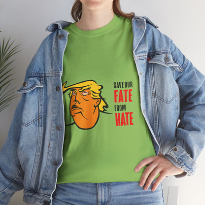 Unisex Heavy Cotton Tee, Harris Walz, Trump, T-shirt, white and black line Save Our Fate from Hate