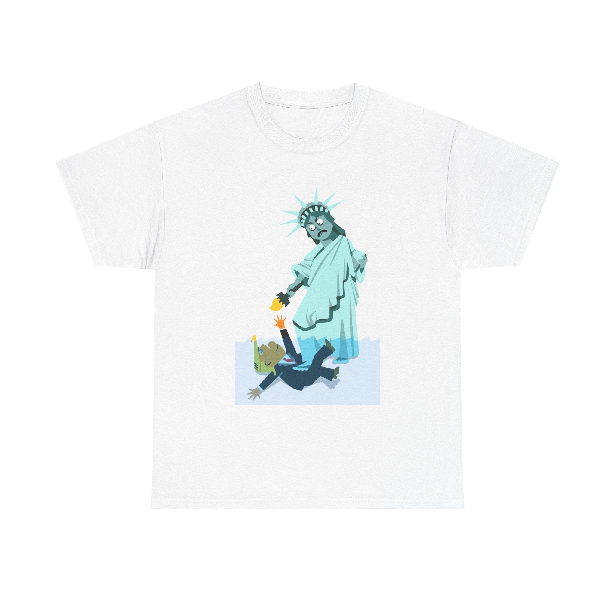 Unisex Heavy Cotton Tee, Harris Walz, Trump, T-shirt, Statue of Liberty Stepping on Trump