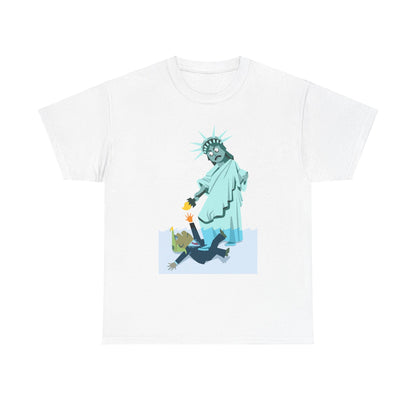 Unisex Heavy Cotton Tee, Harris Walz, Trump, T-shirt, Statue of Liberty Stepping on Trump