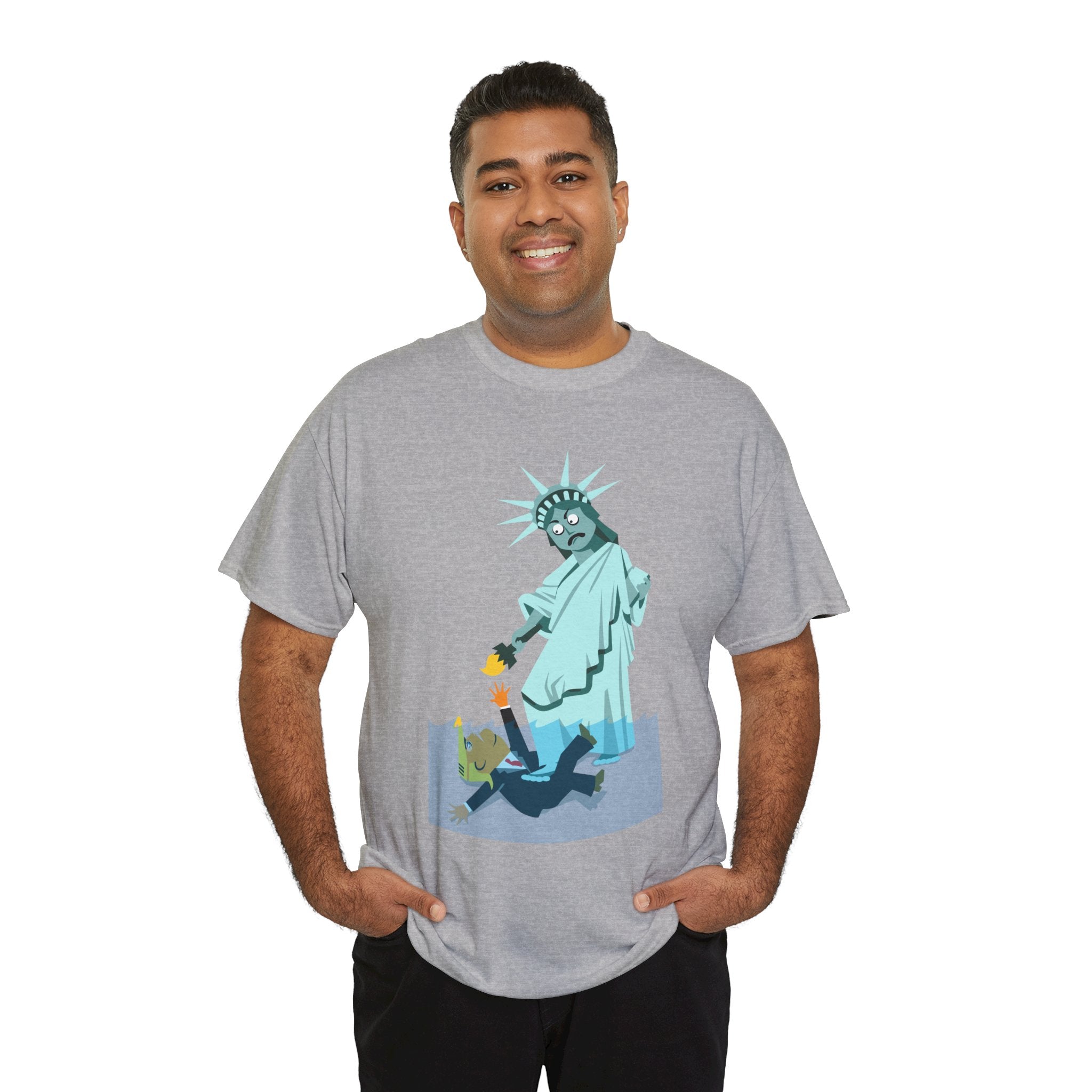 Unisex Heavy Cotton Tee, Harris Walz, Trump, T-shirt, Statue of Liberty Stepping on Trump