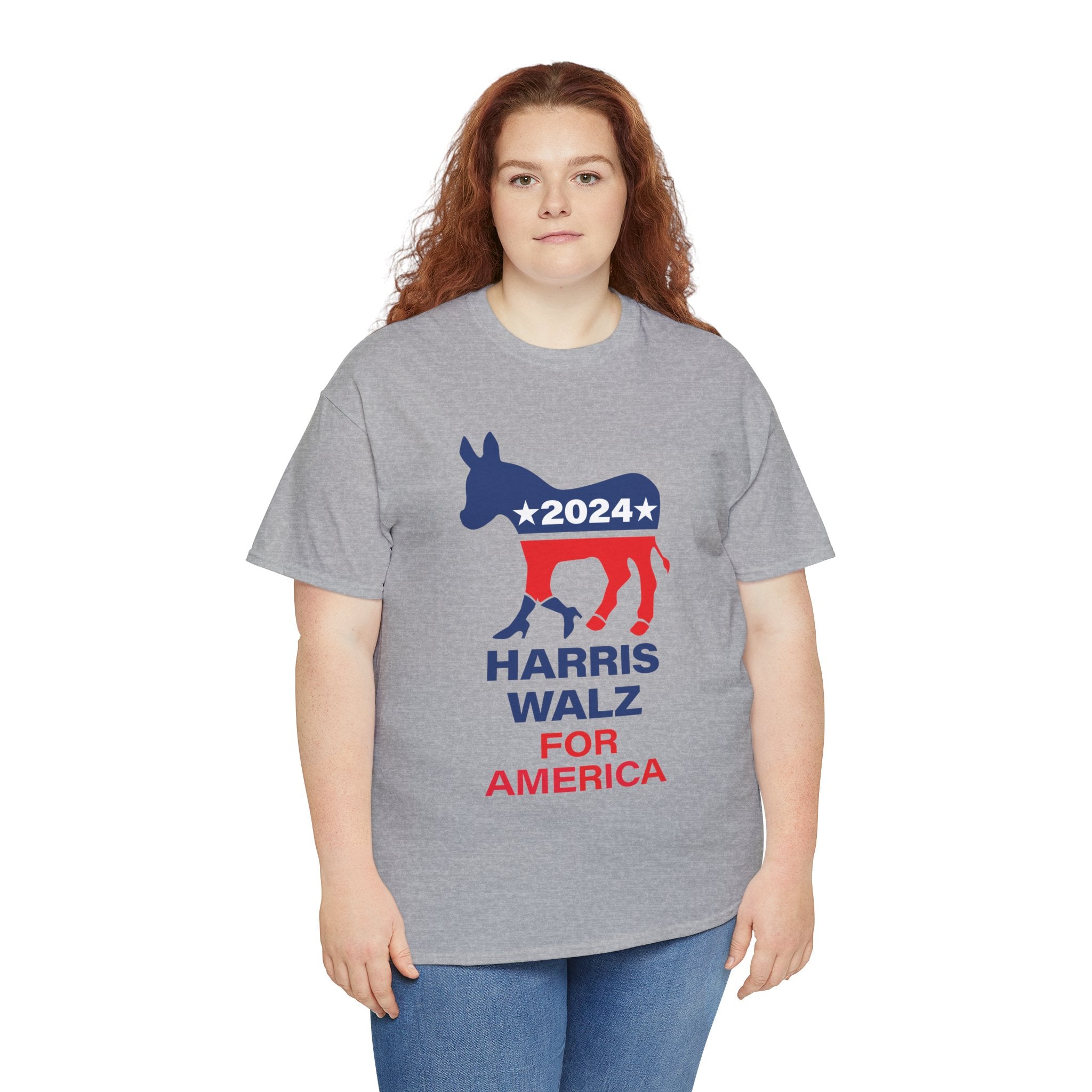 Unisex Heavy Cotton Tee, Harris Walz, Trump, Donkey with boots