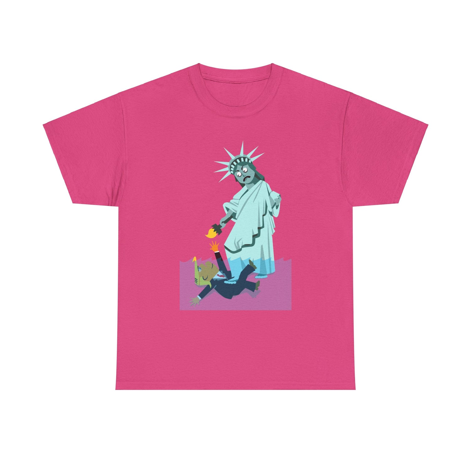 Unisex Heavy Cotton Tee, Harris Walz, Trump, T-shirt, Statue of Liberty Stepping on Trump