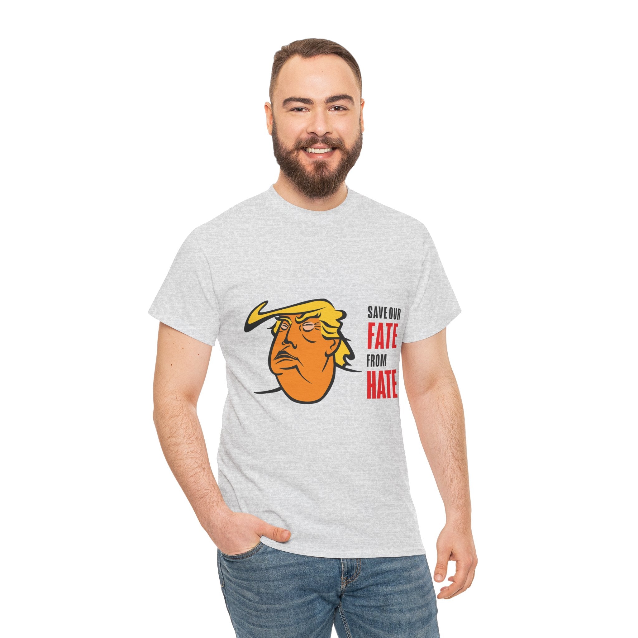 Unisex Heavy Cotton Tee, Harris Walz, Trump, Color Line Art Trump—Save Our Fate From Hate