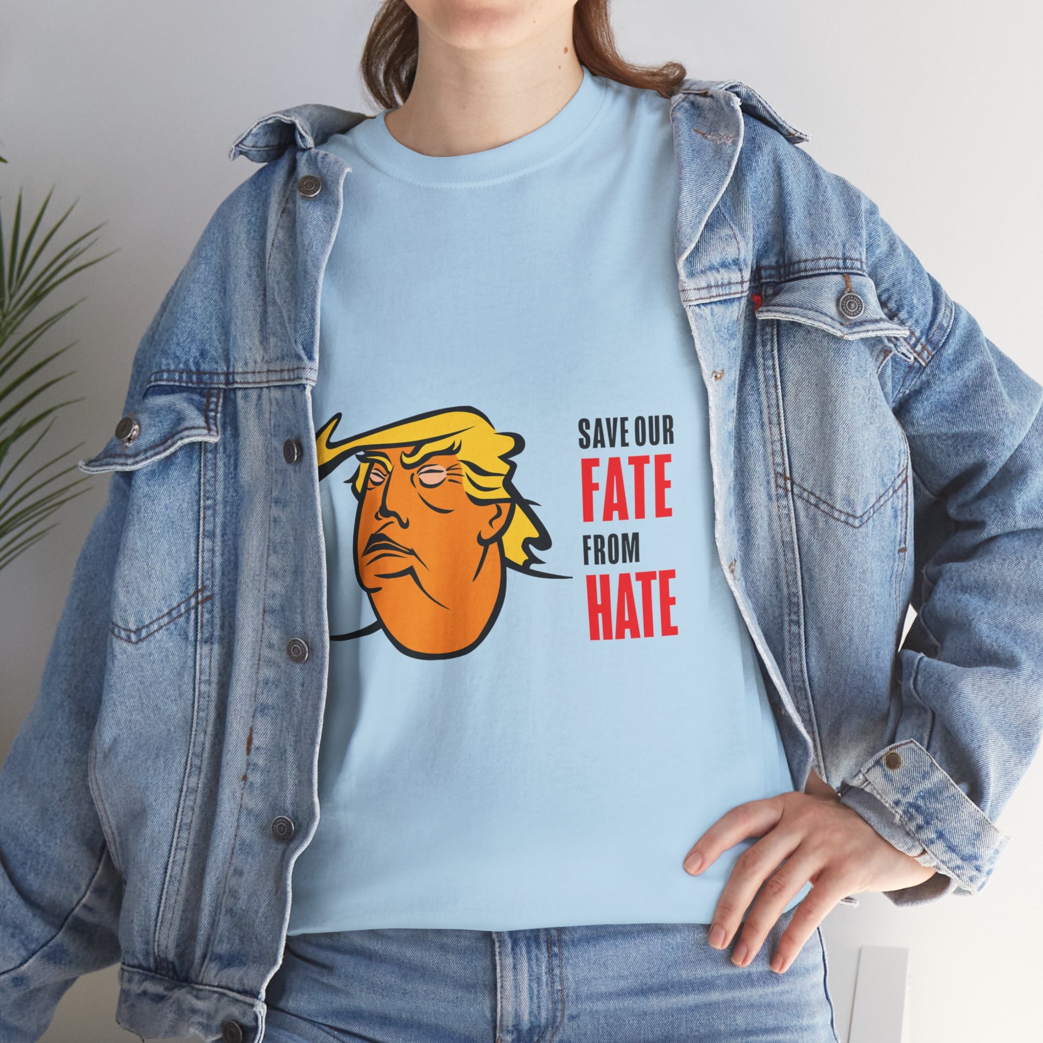 Unisex Heavy Cotton Tee, Harris Walz, Trump, T-shirt, white and black line Save Our Fate from Hate