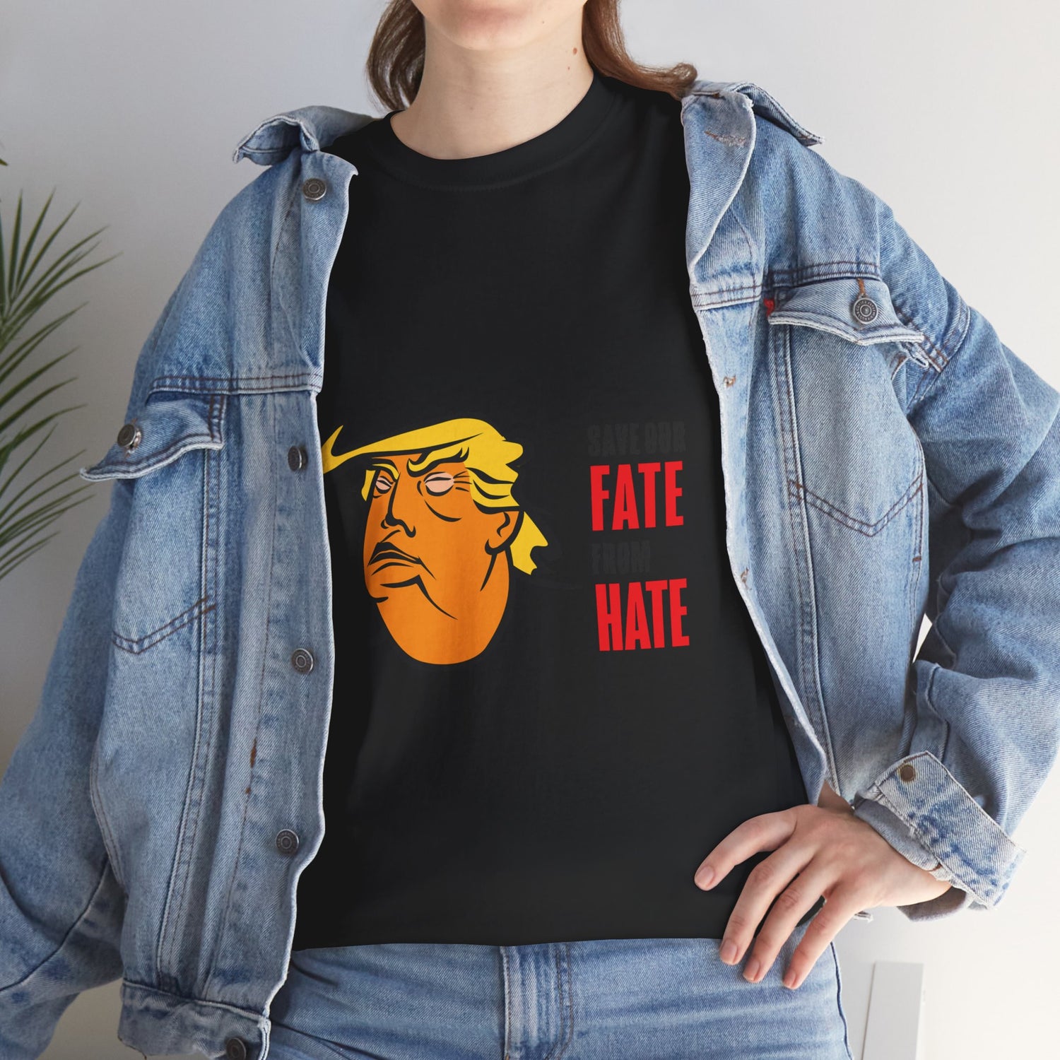 Unisex Heavy Cotton Tee, Harris Walz, Trump, T-shirt, white and black line Save Our Fate from Hate