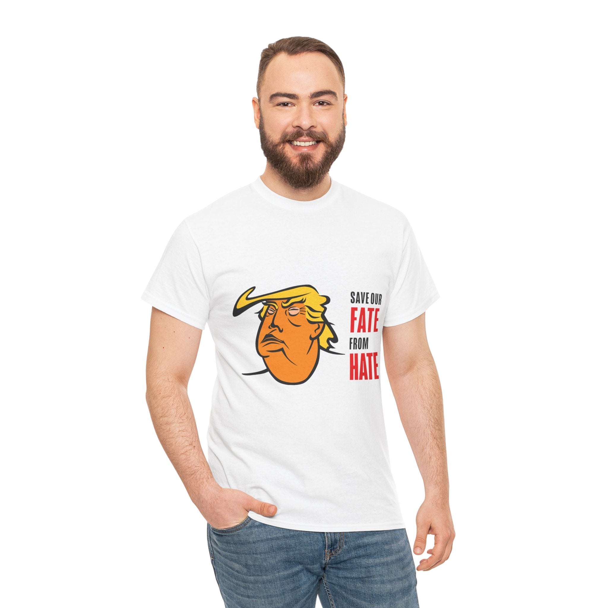 Unisex Heavy Cotton Tee, Harris Walz, Trump, Color Line Art Trump—Save Our Fate From Hate