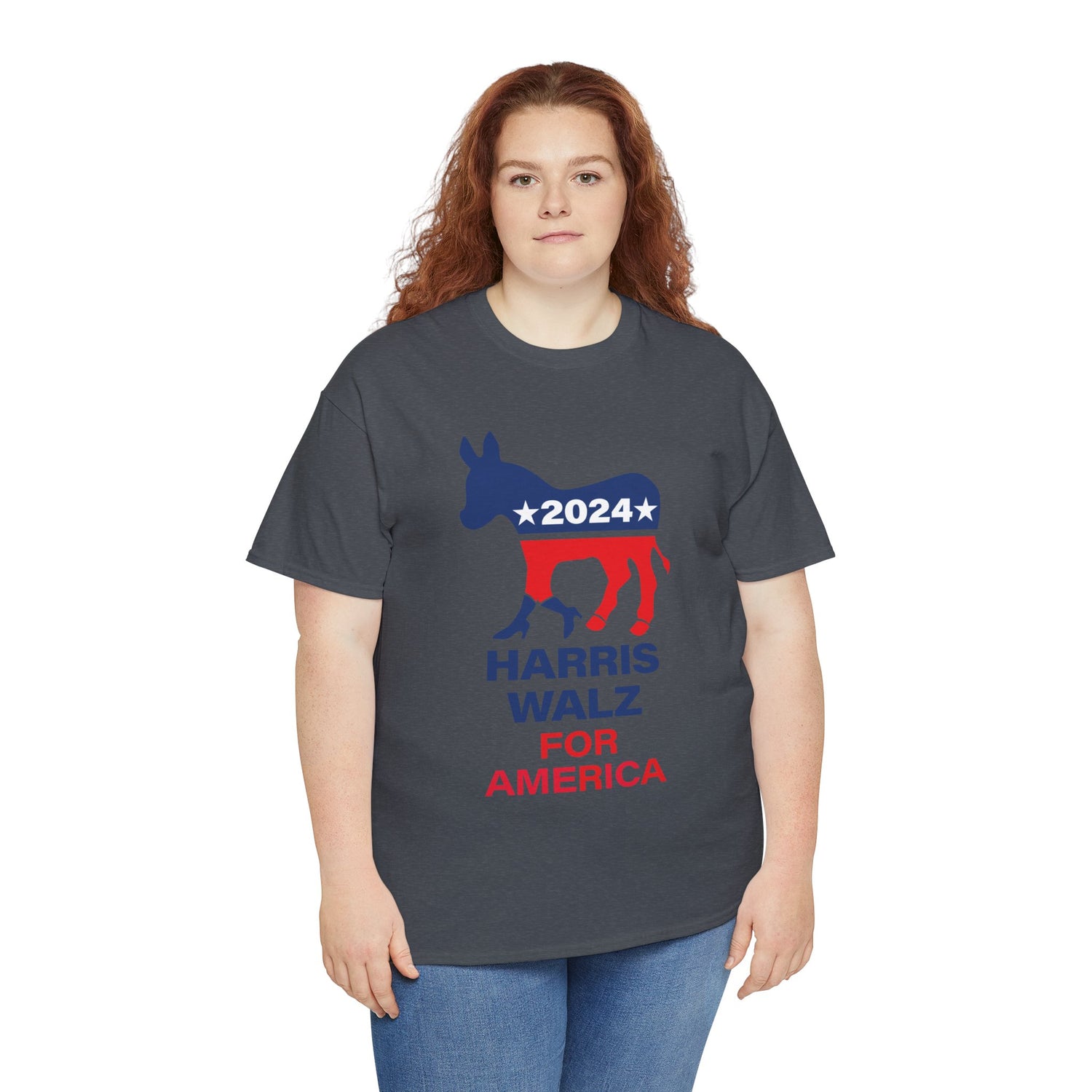 Unisex Heavy Cotton Tee, Harris Walz, Trump, Donkey with boots