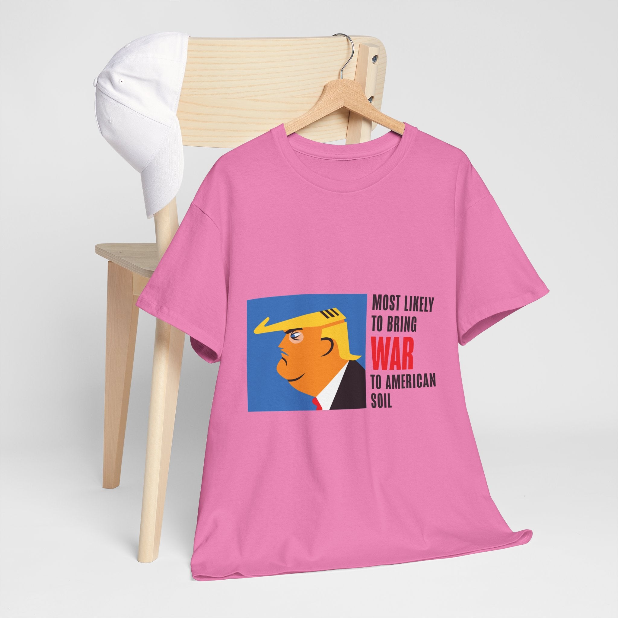 Unisex Heavy Cotton Tee, Harris Walz, Trump, T-shirt, Most Likely to Bring War to American Soil