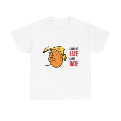 Unisex Heavy Cotton Tee, Harris Walz, Trump, Color Line Art Trump—Save Our Fate From Hate