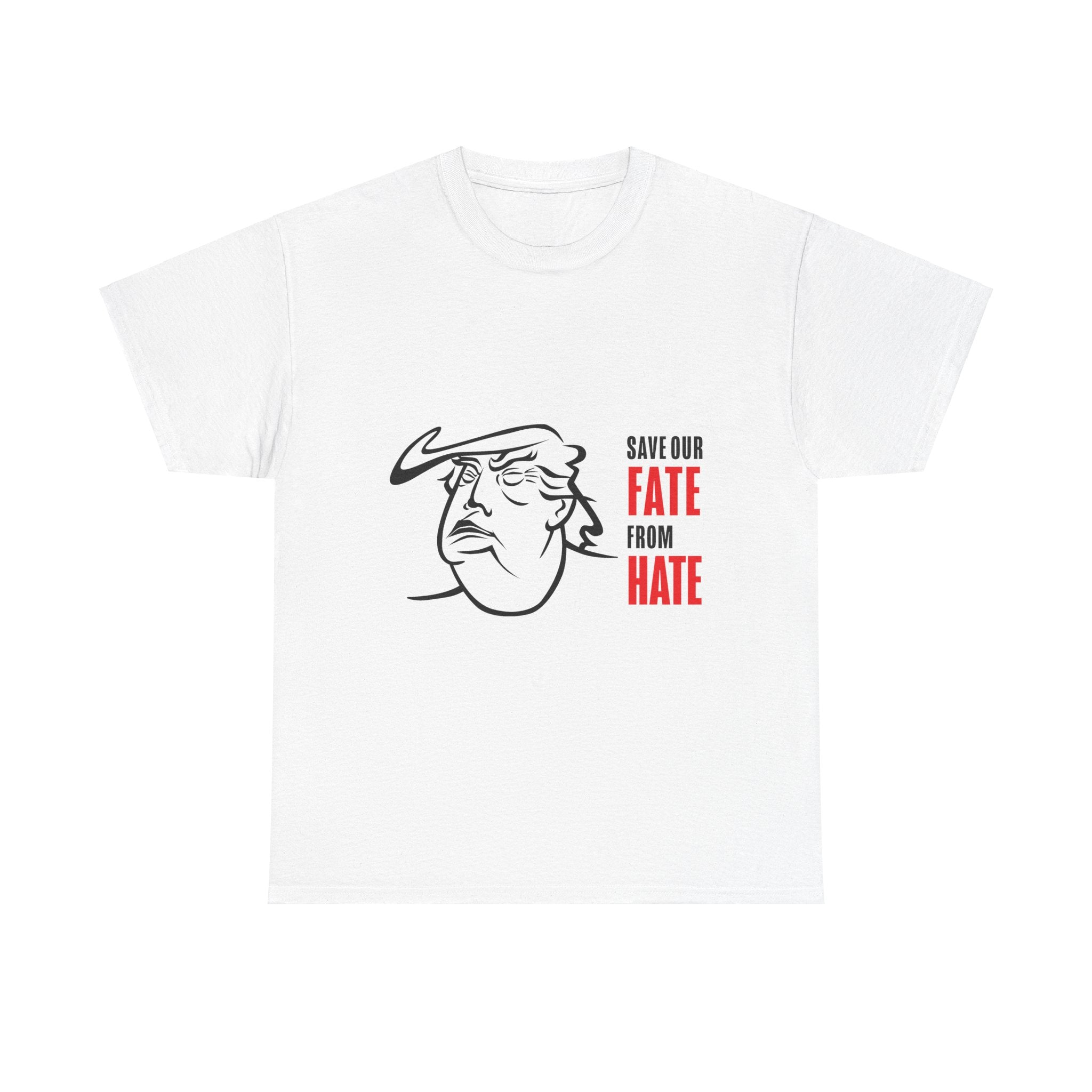 Unisex Heavy Cotton Tee, Harris Walz, Trump, T-shirt, Trump Black and Red Line Art—Save Our Fate From Hate