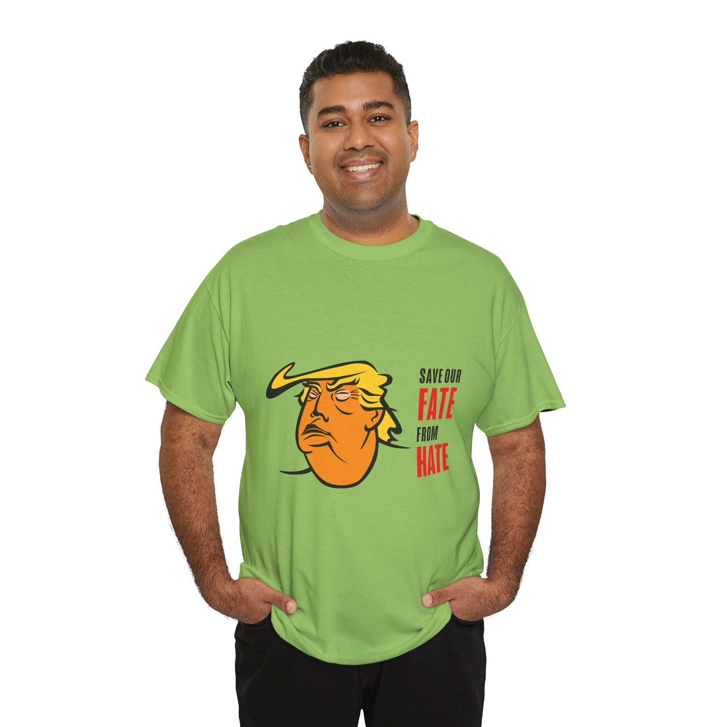 Unisex Heavy Cotton Tee, Harris Walz, Trump, Color Line Art Trump—Save Our Fate From Hate