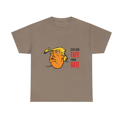 Unisex Heavy Cotton Tee, Harris Walz, Trump, Color Line Art Trump—Save Our Fate From Hate