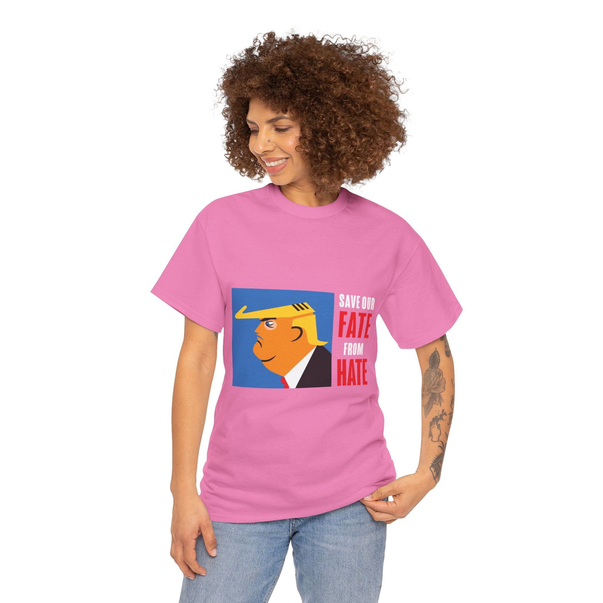 Unisex Heavy Cotton Tee, Harris Walz, Trump, T-shirt, Trump Save Our Fate from Hate