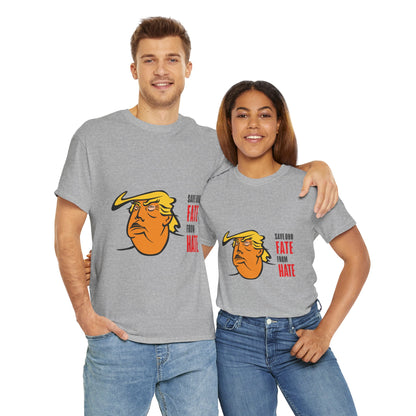 Unisex Heavy Cotton Tee, Harris Walz, Trump, T-shirt, white and black line Save Our Fate from Hate